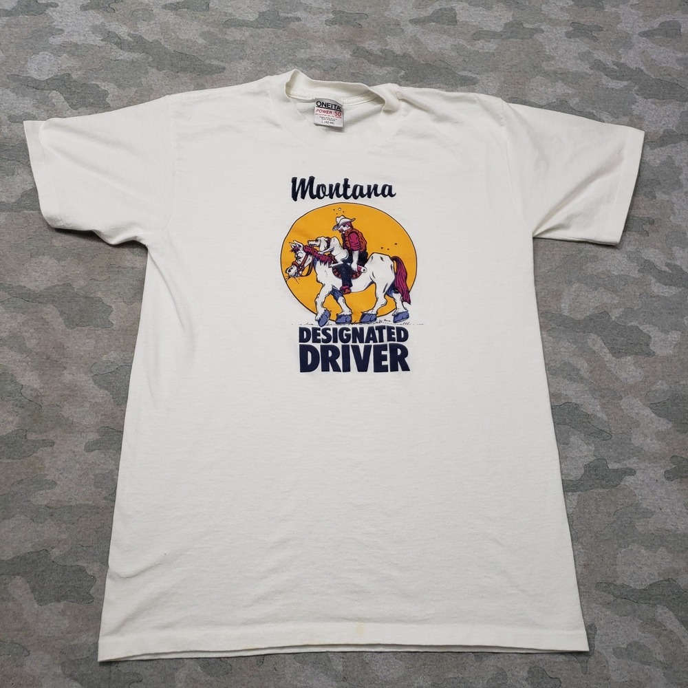 VTG Montana Driver Oneita Shirt Mens Large White Short Sleeve Single Sititch